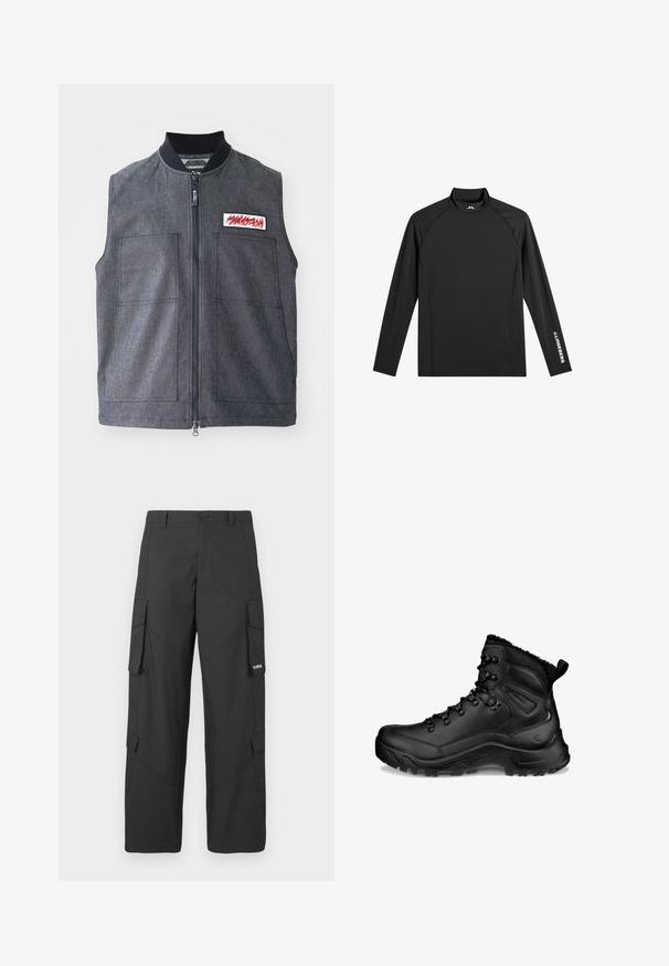 Mørkegrå vest med lynlåslukning, to store frontlommer, en ribbet krave og et dekorativt patch med et rødt design.; Sort atletisk top med lange ærmer, høj hals, tætsiddende pasform og hvidt "J.Lindeberg" logo på venstre ærme og krave.; Sorte straight-leg cargo bukser med sidelommer med klap, knaplukning, bæltestropper og et lille hvidt logo på klappen af højre lomme.; Sort høj vandrestøvle med polstret ankel, snørehager, robust sål og træksløjfe ved hælen, designet til udendørs brug og koldt vejr.