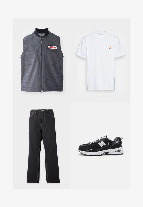 Mørkegrå vest med lynlåslukning, to store frontlommer, en ribbet krave og et dekorativt patch med et rødt design.; Hvid bomulds t-shirt med korte ærmer. Designet med et lille orange og maroon logo på venstre bryst. Har en klassisk rund hals.; Sorte jeans med lige ben, forlommer, bæltestropper og synlige hvide syninger på en ensfarvet lys grå baggrund.; Sorte og grå sportssko med mesh og ruskind på overdelen, der har en hvid mellemsål, snørebånd og et iøjnefaldende "N" logo på siden.