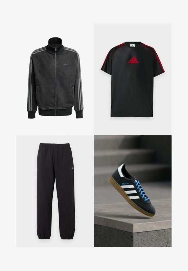 Sort lynlås træningsjakke med høj krave, grå tre-stribede detaljer langs ærmerne og ribbede manchetter og kant. Har et diskret logo på brystet.; Sort atletisk t-shirt med røde detaljer og logo. Fremstillet af glat, let stof. Har rund hals og korte ærmer.; Sorte Adidas sweatpants med elastisk talje og manchetter, med et lille hvidt Adidas trefoil-logo på det øverste venstre ben.; Sort Adidas sneaker med hvide striber, blå snørebånd og gummisål, der svæver over gråt betontrin i blødt lys.