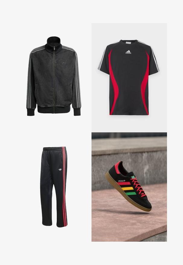 Sort lynlås træningsjakke med høj krave, grå tre-stribede detaljer langs ærmerne og ribbede manchetter og kant. Har et diskret logo på brystet.; Sort kortærmet T-shirt med røde sideakcenter, hvid Adidas-logo på brystet og hvide skulderstriber. Fremstillet af et glat stof.; Sorte træningsbukser med lodret ribbet tekstur, der har røde og hvide sidelommer og en lille hvid logo på venstre ben.; Sort Adidas Spezial-sneaker med røde, gule og grønne striber, røde snørebånd, gummisål og rødt hældetalje, vist svævende over fortovet.