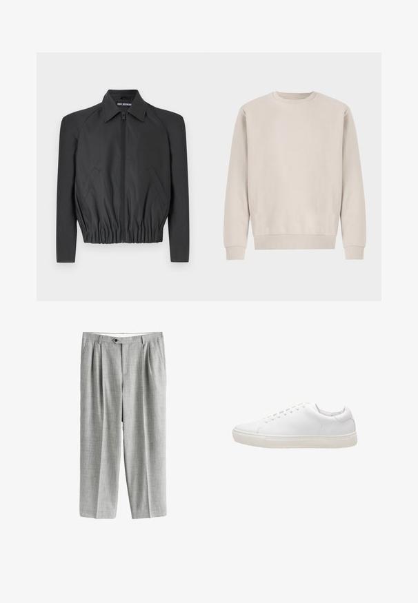 Sort cropped jakke lavet af glat stof, med lynlås foran, spidse kraver og elastisk talje, samt sidelommer og lange ærmer.; Beige crewneck sweatshirt lavet af blødt bomuld, med en afslappet pasform, ribbede mansjetter og kant, uden synlige mønstre eller hardware.; Lysegrå bukser med læg, sidelommer, bæltestropper og en knaplukning i taljen, vist mod en hvid baggrund.; Hvide lædersneakers med en glat overflade, rund tå, snørebåndslukning og flad gummisål. Minimalistisk design uden synlige mønstre.