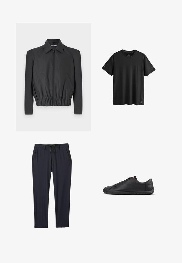 Sort cropped jakke lavet af glat stof, med lynlås foran, spidse kraver og elastisk talje, samt sidelommer og lange ærmer.; Sort aktivtøj T-shirt med korte ærmer og rund hals, med diskrete logoer på ærmerne og nederste kant, størrelse medium.; Marineblå sportsbukser lavet af strækbart stof, med elastisk talje og snøre, to sidelommer og lige ben.; Sort sneakers med lav profil i læder, snørelukning foran, tekstureret sål og lille rød logofane på tungen, vist fra siden.