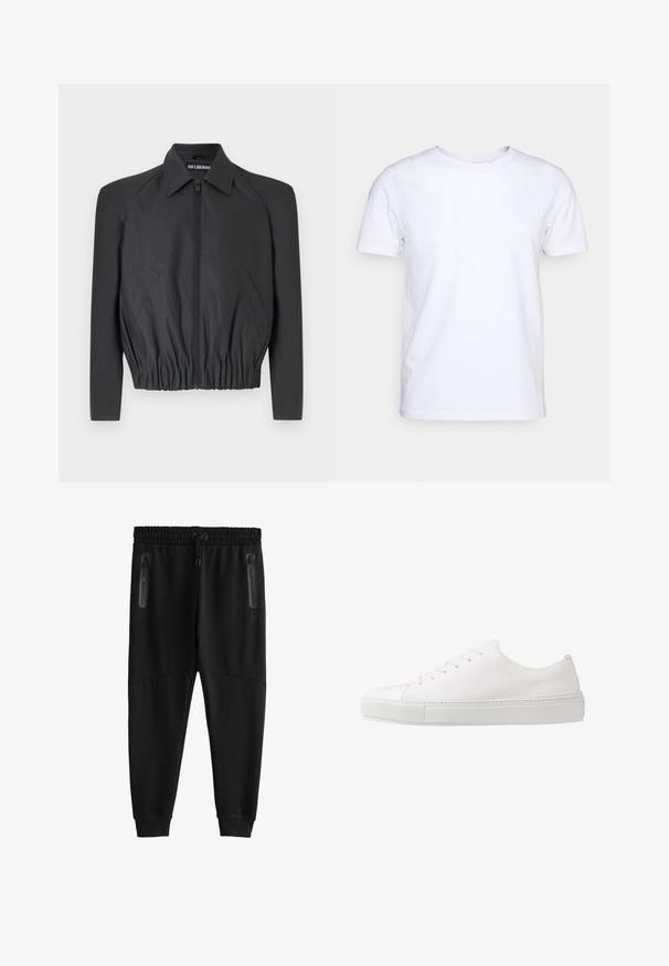 Sort cropped jakke lavet af glat stof, med lynlås foran, spidse kraver og elastisk talje, samt sidelommer og lange ærmer.; Hvid kortærmet t-shirt i bomuldsstof med rund halsudskæring. Enkel design uden mønstre eller detaljer. Glat tekstur.; Sorte tapered joggingbukser med elastisk talje, justerbar bindebånd, lynlås-lommer i siden og manchet ved anklerne.; Hvide lædersneakers med en glat finish, rund tå og seks øjer til snørebånd. Har en tekstureret gummisål og et minimalisk design.