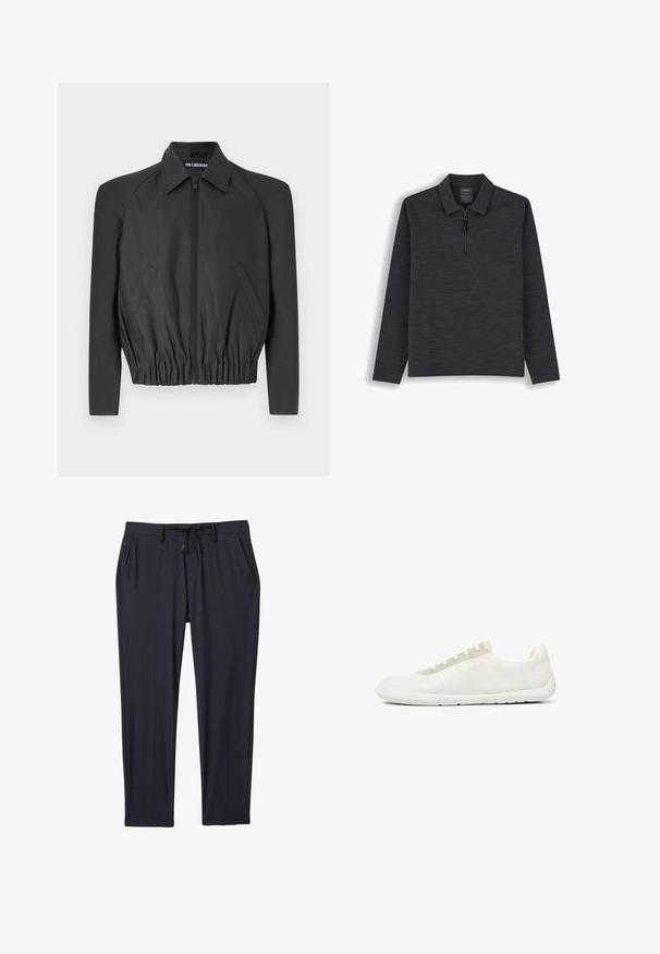 Sort cropped jakke lavet af glat stof, med lynlås foran, spidse kraver og elastisk talje, samt sidelommer og lange ærmer.; Mørkegrå langærmet poloshirt med krave og en kort lodret lynlås foran i midten.; Marineblå sportsbukser lavet af strækbart stof, med elastisk talje og snøre, to sidelommer og lige ben.; Minimalistisk hvid lavtop-sneaker med tekstureret mesh-stof, hvid sål og lysebeige snørehuller.