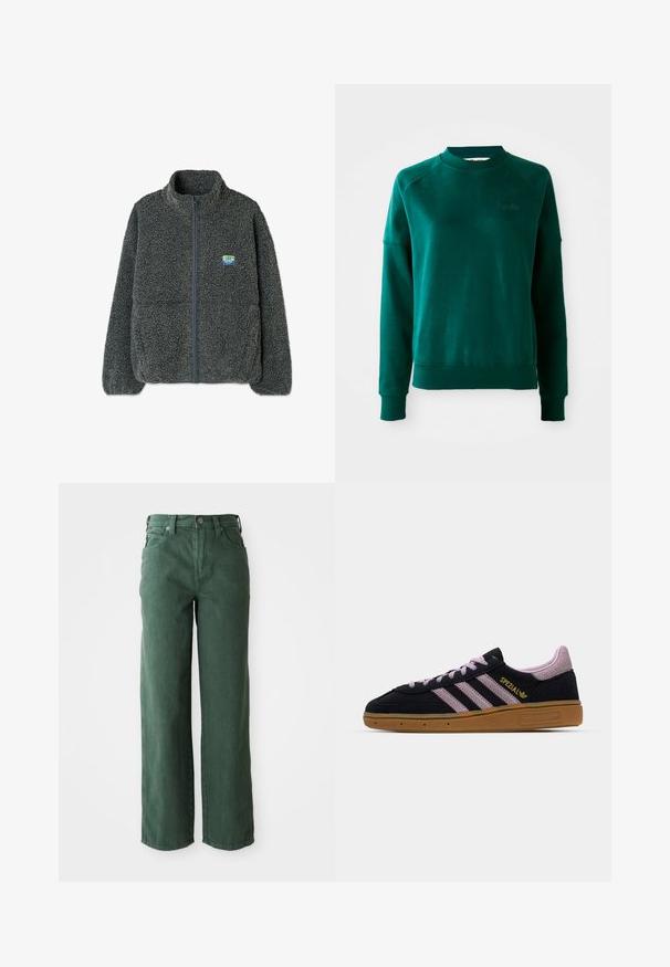 Graues Fleece-Jacke mit hohem Kragen und Reißverschluss. Verfügt über eine strukturierte, flauschige Oberfläche und ein kleines, mehrfarbiges Logo auf der Brust.; Grüner Crewneck-Sweatshirt mit Raglanärmeln, aus weichem Stoff gefertigt. Verfügt über einen gerippten Kragen und Bündchen sowie dezente Markenkennzeichnung auf der Brust.; Grüne weit geschnittene Jeans aus Denim. Sie verfügen über eine hohe Taille, gerade Beine, Fronttaschen und einen Metallknopfverschluss.; Schwarze und rosa Wildleder-Sneaker mit Gummisohle, drei rosa Streifen, goldenem "SPEZIAL"-Branding und strukturiertem Gummiuntergrund. Niedrigschnitt-Design.