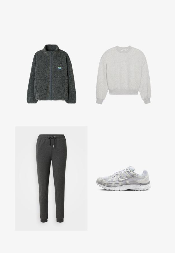 Grå fleecetrøje med høj krave og lynlås. Har en struktureret, fluffy overflade og et lille flerfarvet logo på brystet.; Grå cropped sweatshirt med rund halsudskæring, droppe skuldre, lange ærmer med ribbede manchetter, lavet af blødt bomuldsblandingsmateriale, minimal tekstur.; Mørkegrå sweatpants lavet af blødt stof, med en elastisk talje med snor, tætsiddende ben og ankler. ; Lys grå atletik sko med en overdel i mesh og syntetiske materialer, der har snørebånd, polstret krave og struktureret sål for godt greb.