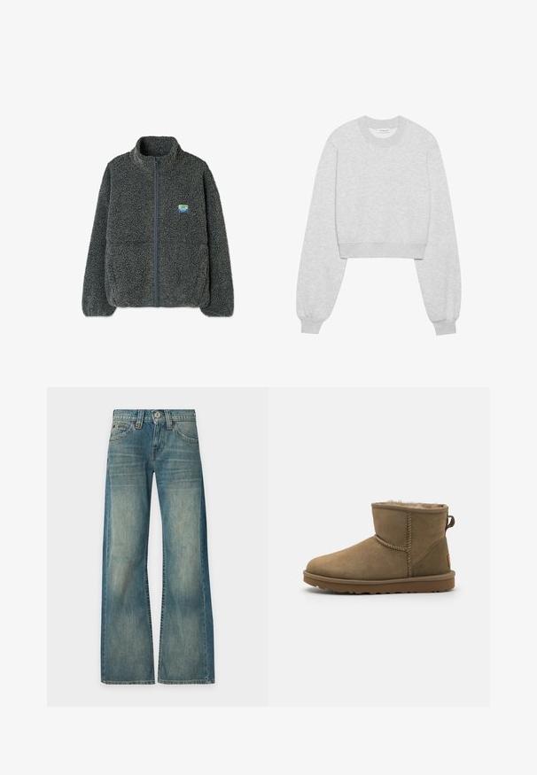 Grå fleecetrøje med høj krave og lynlås. Har en struktureret, fluffy overflade og et lille flerfarvet logo på brystet.; Afskåret sweatshirt i lys grå stof, med lange ærmer, rund halsudskæring, ribbede ærmer og en subtil tekstur.; Blå denimjeans med falmet vask, høj talje, brede ben, frontknap og lynlås samt fem lommer, vist mod en ensfarvet baggrund.; Brune ruskind ankelstøvle med en blød, fuzzy foring, rund tå og en løkkeaccent bagpå. Flad gummisål med struktureret greb.