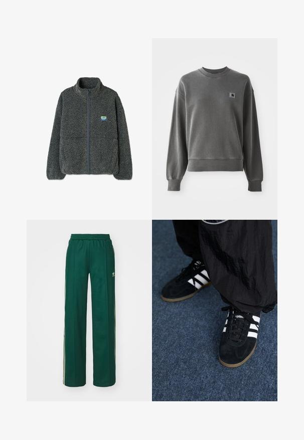 Grå fleecetrøje med høj krave og lynlås. Har en struktureret, fluffy overflade og et lille flerfarvet logo på brystet.; Grå pullover sweatshirt lavet af glat bomuldsblanding, med rund hals, ribbede manchetter og et lille logopatch på venstre bryst.; Mørkegrønne træningsbukser med en afslappet pasform, der har snor i taljen, sidelommer og cremefarvede striber langs siderne.; Sorte suedetrainingssko med tre hvide striber og sorte snørebånd. Et tekstureret sort bukser er delvist synligt ved siden af skoene.