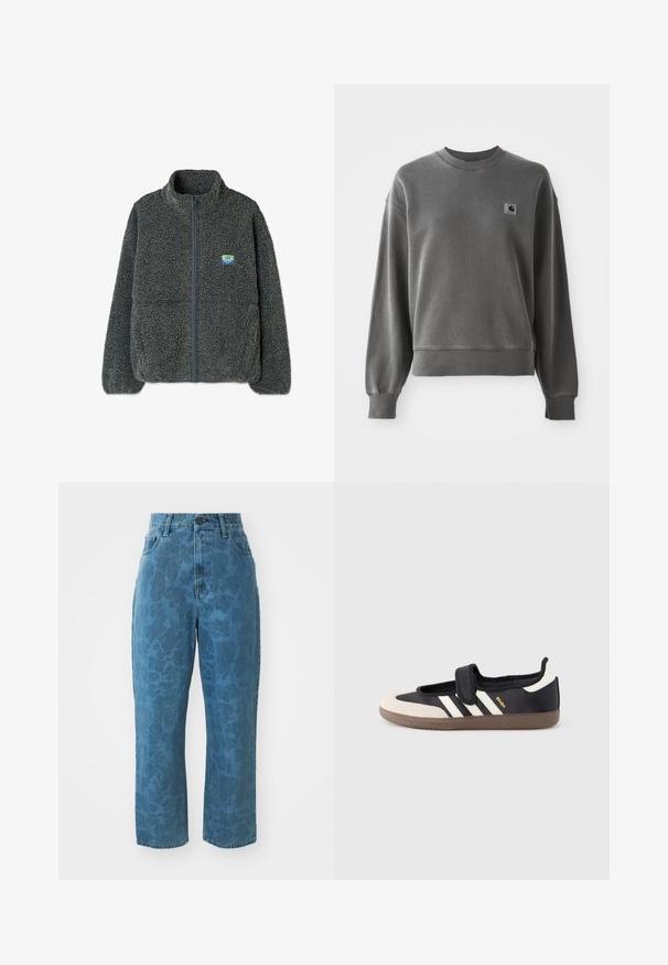 Graues Fleece-Jacke mit hohem Kragen und Reißverschluss. Verfügt über eine strukturierte, flauschige Oberfläche und ein kleines, mehrfarbiges Logo auf der Brust.; Grau pullover Sweatshirt aus glattem Baumwollmix, mit rundem Halsausschnitt, gerippten Bündchen und einem kleinen Logopatch auf der linken Brust.; Hellblaue Jeans aus Denim mit subtiler gemusterter Textur, hoher Taille und geradem Bein. Mit einem vorderen Knopf- und Reißverschluss.; Schwarzer und beiger Sneaker mit Klettverschluss, drei weißen Streifen an der Seite und einer strukturierten braunen Gummisohle. Markenlogo sichtbar.