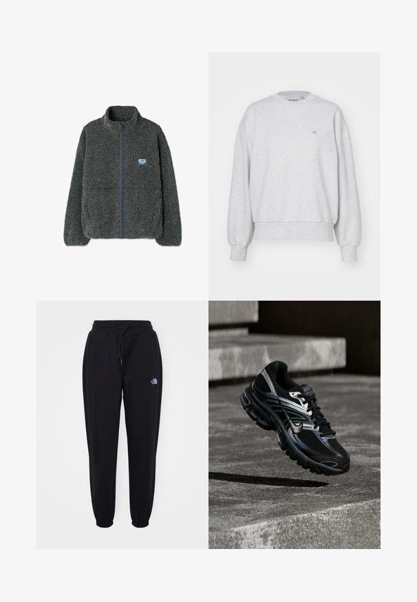 Hall hallitav pehme fliisist jakk, millel on kõrge kaelus ja lukuga sulgemine. Omab tekstuuri, karvast pinda ja väikest mitmevärvilist logo rinna peal.; Carhartt WIP CASEY - Pusa - ash heather/silver; Mustad musta värvi jooksupüksid elastse vöökoha ja mansettidega, stringi sidumise võimalus, küljetaskud ja väike valge The North Face logo paremal reiel.; Must ja hõbedane Nike jooksujalats hõljub betoonastmete kohal, kuvades üksikasjalikku disaini ja tekstuuri tallal õues.