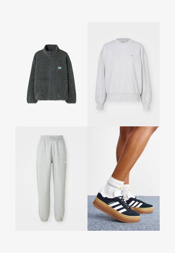 Grijze fleecejack met een hoge kraag en ritssluiting. Heeft een gestructureerd, pluizig oppervlak en een klein, veelkleurig logo op de borst.; Carhartt WIP CASEY - Sweater - ash heather/silver; Grijze sweatpants met een elastische tailleband en trekkoord. De stof is zacht, met elastische boorden bij de enkels en een logodetail.; Ben met witte sokken en zwarte Adidas Gazelle sneakers met witte strepen en dikke bruine zolen op een grijs tapijt.