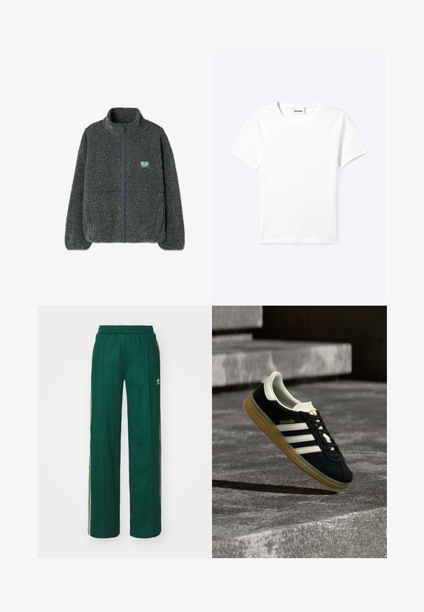 Grå fleecetrøje med høj krave og lynlås. Har en struktureret, fluffy overflade og et lille flerfarvet logo på brystet.; Ensfarvet hvid t-shirt med korte ærmer og rund halsudskæring med en lille "WEEKDAY" label indeni halskanten, vist fladt på en lys baggrund.; Mørkegrønne træningsbukser med en afslappet pasform, der har snor i taljen, sidelommer og cremefarvede striber langs siderne.; Sort Adidas München-sneaker med hvide striber og gummisål svævende over ribbet betontrappe.