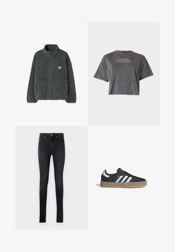 Chaqueta de forro polar gris con cuello alto y cierre de cremallera. Presenta una superficie texturizada y esponjosa, y un pequeño logo multicolor en el pecho.; Even&Odd by Zalando Camiseta estampada - black; Jeans de denim negros de corte slim con cinco bolsillos y cierre de botón en la cintura, exhibidos sobre un fondo blanco liso.; Zapatilla deportiva de cuero negro con tres rayas plateadas, punta texturizada y suela de goma. Cuenta con un collar acolchado y un diseño con cordones.