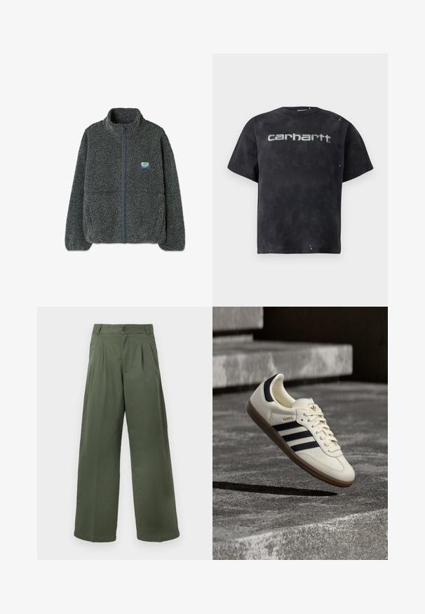 Grå fleecetrøje med høj krave og lynlås. Har en struktureret, fluffy overflade og et lille flerfarvet logo på brystet.; Sort tie-dye T-shirt lavet af bomuld. Har korte ærmer, rund halsudskæring og en stor grå logo foran. Subtile slidte detaljer.; Grønne bukser med vide ben lavet af bomuld, med knaplukning, plisseret front og en glat tekstur med en lige kant.; Hvid Adidas Samba sneaker med sorte striber og gummsål, svævende over teksturerede grå betonstrin.