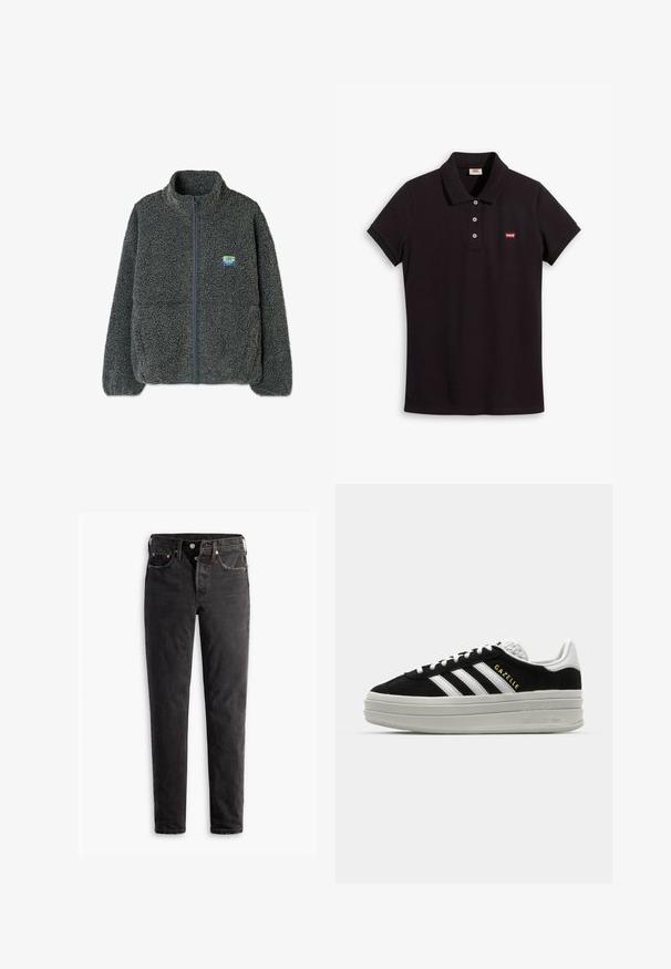 Grijze fleecejack met een hoge kraag en ritssluiting. Heeft een gestructureerd, pluizig oppervlak en een klein, veelkleurig logo op de borst.; Zwart polo shirt van katoen, met kraag, korte mouwen en een drieknoopsluiting. Rode Levi's logo op de linkerv chest.; Zwarte denim jeans met een rechte pijp, voorzien van vijf zakken, koperen hardware en een licht vervaagde textuur.; Zwarte suède sneaker met witte leren accenten, drie witte strepen, platte veters en een dikke grijze platformzool. Gouden "Gazelle" branding.