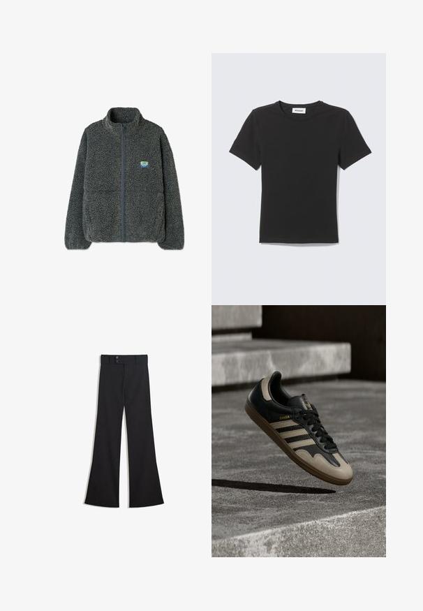 Grå fleecetrøje med høj krave og lynlås. Har en struktureret, fluffy overflade og et lille flerfarvet logo på brystet.; Sort T-shirt med korte ærmer og rund hals lagt fladt med et lille hvidt mærke inde i kraven mod en lys baggrund.; Sorte vidde bukser med høj talje, dobbelte knapper ved linningen og lynlås foran, lagt fladt på en hvid baggrund.; Sort og beige lædersneaker med tre hvide striber, tanfarvet gummisål og gyldent "Samba"-detalje på siden.