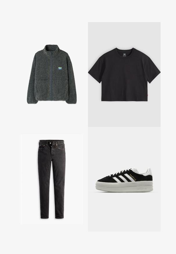 Grå fleecetrøje med høj krave og lynlås. Har en struktureret, fluffy overflade og et lille flerfarvet logo på brystet.; Sort kortærmet t-shirt med rund hals og lille rød Levi's-etiket på sidesømmen, lagt fladt på en lysegrå baggrund.; Sorte denim jeans med lige ben, der har fem lommer, kobberhardware og en let slidte måde.; Sort ruskind sneaker med hvide læderdetaljer, tre hvide striber, flade snørebånd og en tyk grå platformsål. Guldfarvet "Gazelle" branding.