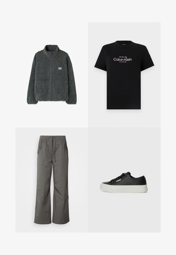 Grå fleecetrøje med høj krave og lynlås. Har en struktureret, fluffy overflade og et lille flerfarvet logo på brystet.; Sort T-shirt med korte ærmer og rund hals, med hvid tekst "Calvin Klein New York City Established 1968" centreret på brystet.; Grå vide benbukser lavet af letvægtsstof, der har elastisk talje, snor og to sidelommer med knap-accenter.; Sort lædersneaker med en glat overflade, hvid gummisål, rund tå og seks sorte snøringøjer. Har et lille metallisk logo detalje.