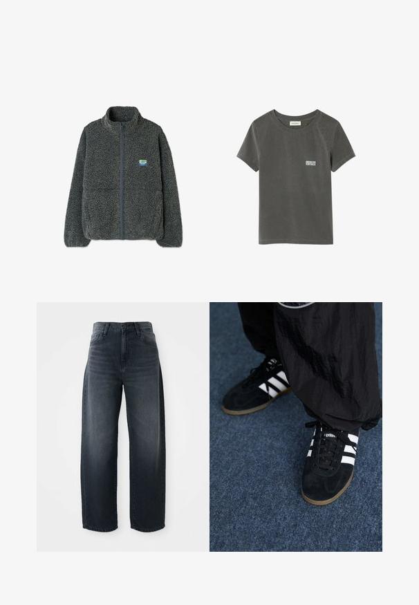 Grijze fleecejack met een hoge kraag en ritssluiting. Heeft een gestructureerd, pluizig oppervlak en een klein, veelkleurig logo op de borst.; Donkergrijs T-shirt met korte mouwen en ronde hals, voorzien van een klein wit "American Vintage" logo op de linkerborst, plat uitgestald op een witte achtergrond.; Wijd gesneden jeans in een donkere denimwas, met een hoge taille, klassieke knoop- en ritssluiting en subtiele vervaging aan de voorkant.; Zwarte suède sportschoenen met drie witte strepen en zwarte veters. Een gestructureerde zwarte broek is deels zichtbaar naast de schoenen.
