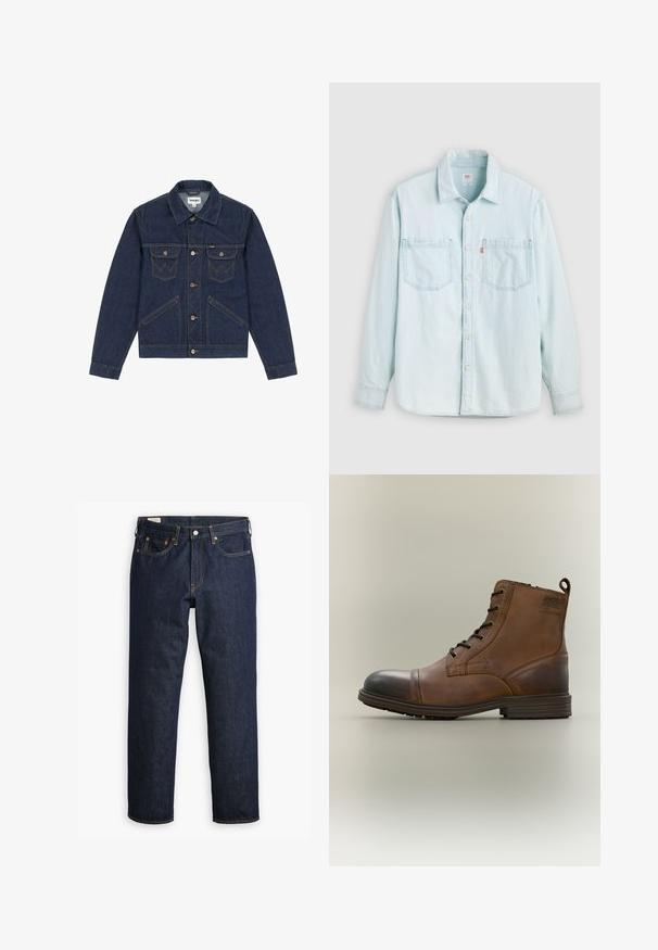 Mørkeblå denimjakke med spidse revers, knaplukning foran, to brystlommer og kontrasterende syninger. Har en let cropped pasform.; Lyseblå denimskjorte med lange ærmer, knaplukning foran, to brystlommer og krave, vist mod en ensfarvet lys baggrund.; Mørkeblå denimjeans med lige skæring, prydet med fem lommer, synlige sømme og en klassisk knaplukning.; Brun læderstøvle med snørebånd, sort tåhætte, rund sål og mærket detalje på siden mod ensfarvet baggrund.