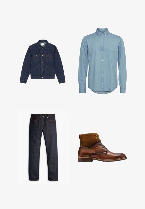 Mørkeblå denimjakke med spidse revers, knaplukning foran, to brystlommer og kontrasterende syninger. Har en let cropped pasform.; Lyseblå denimskjorte med knap-ned krave, lange ærmer og buet kant. Har forkant med hvide knapper.; Mørkeblå denimjeans med lige pasform, fem-lomme design, kobbernitter, gul syning og et markant struktureret stof.; Kazar ALID - Snørestøvletter - brown