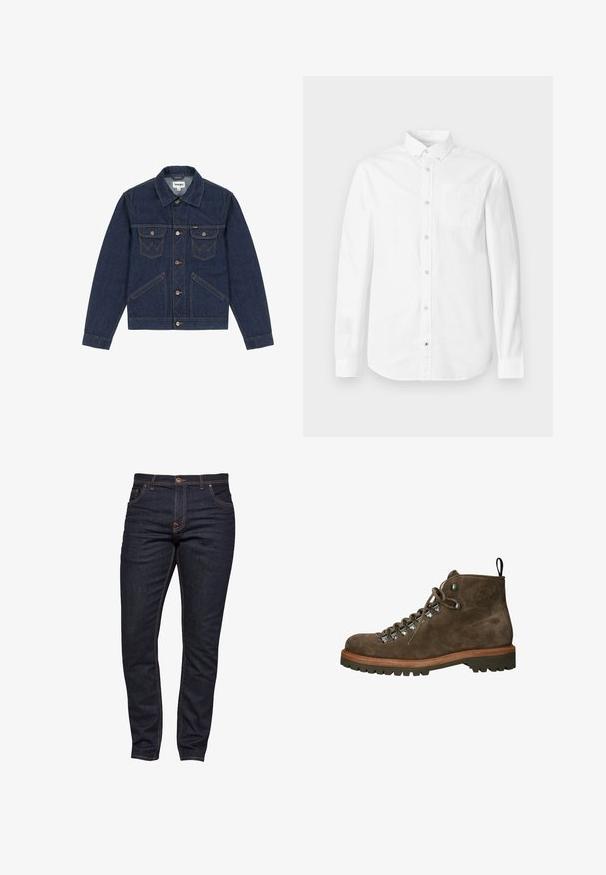 Veste en denim bleu foncé avec un col pointu, fermeture à boutons, deux poches poitrine et des coutures contrastantes. Présente une coupe légèrement courte.; Chemise blanche à manches longues en coton. Elle présente un col boutonné, une poche avant et une texture subtile. Ourlet droit avec fermetures à boutons.; Jean bleu foncé en denim, présentant une coupe slim, un design à cinq poches, une fermeture à bouton supérieur et des détails de couture orange contrastants.; Botte de randonnée en daim marron, avec des œillets métalliques, des lacets marron, une semelle en caoutchouc texturée et une languette à l'arrière.