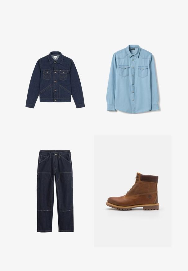 Chaqueta de mezclilla azul oscuro con cuello en punta, cierre de botones, dos bolsillos en el pecho y costuras en contraste. Presenta un ajuste ligeramente corto.; Camisa de mezclilla azul claro de manga larga con cuello, botones a presión en la parte frontal y dos bolsillos en el pecho con solapa y cierre de botón a presión.; Pantalones de denim azul oscuro con costuras dobles, botón frontal, trabillas para cinturón y múltiples bolsillos de parche reforzados en las piernas.; Botas de senderismo de cuero marrón con un acabado suave, tobillo acolchado, ojales de metal y suela de goma con un patrón de tracción robusto.