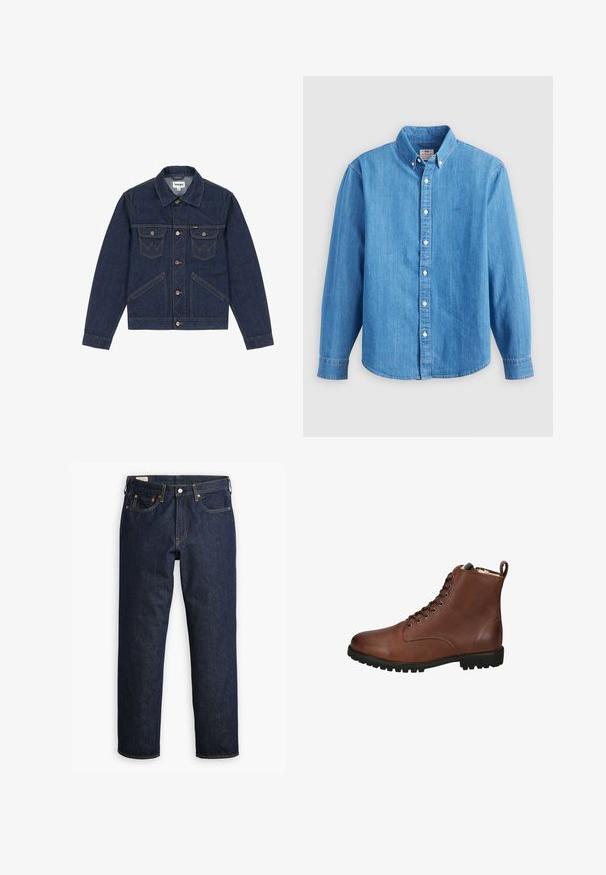 Chaqueta de mezclilla azul oscuro con cuello en punta, cierre de botones, dos bolsillos en el pecho y costuras en contraste. Presenta un ajuste ligeramente corto.; Camisa de mezclilla azul claro con mangas largas, cuello abotonado y botones blancos. Presenta un pequeño logo bordado en el pecho.; Jeans de denim azul oscuro con corte recto, que cuentan con un estilo de cinco bolsillos, costuras visibles y una clásica bragueta de botones.; Botas de tobillo de cuero marrón con un acabado texturizado, parte delantera con cordones, punta redondeada y suela de goma gruesa. Incluye un tirador en la parte trasera.