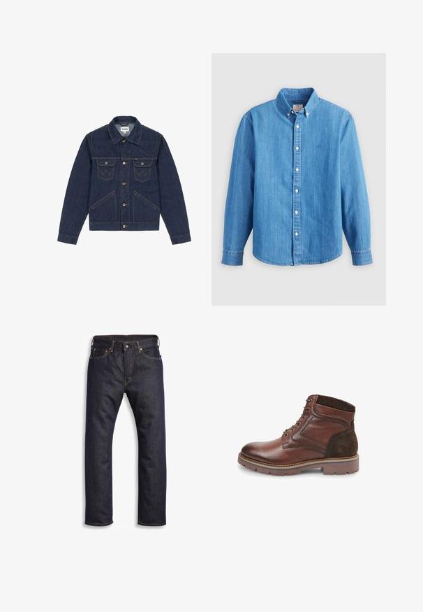 Donkerblauwe spijkerjas met een puntige kraag, knoopsluiting, twee borstzakken en contrasterende stiksels. Heeft een iets cropped pasvorm.; Lichtblauw denim overhemd met lange mouwen, button-down kraag en witte knopen. Heeft een klein geborduurd logo op de borst.; Donkerblauwe denim jeans met rechte snit, vijf zakken, metalen hardware en contrasterende oranje stiksels. Glad oppervlak, geen zichtbare patronen.; Bruine leren enkellaarzen met een suède paneel, versterkte neus en stevige rubberen zool. Voorzien van metalen oogjes en veters.