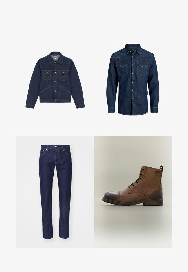 Donkerblauwe spijkerjas met een puntige kraag, knoopsluiting, twee borstzakken en contrasterende stiksels. Heeft een iets cropped pasvorm.; Donkerblauw denim overhemd met lange mouwen, knoopsluiting, twee voorste knoopsluitbare borstzakken en een puntige kraag.; Marineblauwe denim spijkerbroek met een rechte pasvorm, vijf-pocket ontwerp, contrasterende oranje stiksels en een zilveren knoopsluiting aan de taille.; Bruine leren enkellaars met veters, zwarte neuskap, ronde zool en merkdetail aan de zijkant tegen een effen achtergrond.