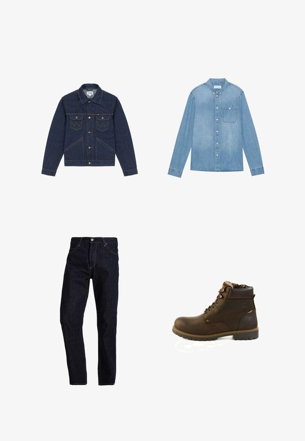 Mørkeblå denimjakke med spidse revers, knaplukning foran, to brystlommer og kontrasterende syninger. Har en let cropped pasform.; Lys blå denim skjorte med knapper, lange ærmer, spids krave, en enkelt brystlomme og subtil falmning på stoffet.; Mørkeblå denim jeans med lige pasform, med gul syning, fem lommer og en klassisk knap- og lynlås lukning.; Brun læder ankelstøvle med snørelukning, polstret krave, fleecefor og robust sål med mønster, designet til udendørs brug eller vintervejr.