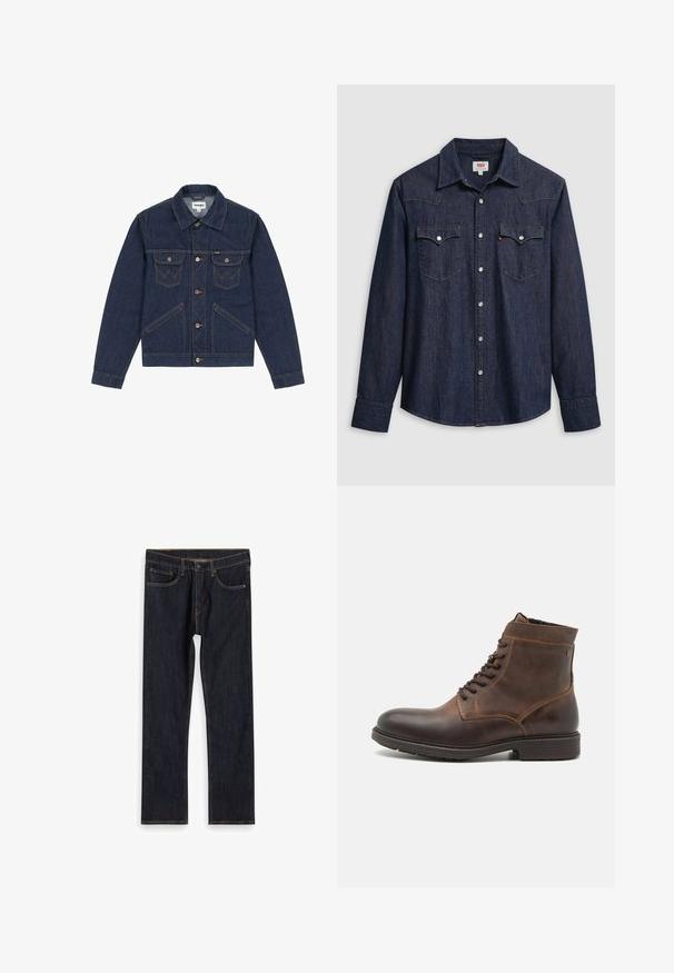 Mørkeblå denimjakke med spidse revers, knaplukning foran, to brystlommer og kontrasterende syninger. Har en let cropped pasform.; Mørkeblå denimskjorte med spids krave, trykknapper og brystlommer. Har syningsdetaljer og lange ærmer.; Mørkeblå lige ben denim jeans med forlommer, bæltestropper og kontrast orange syninger, lagt fladt på hvid baggrund.; Jack & Jones JFWDELANEY BOOT - Snørestøvletter - cognac