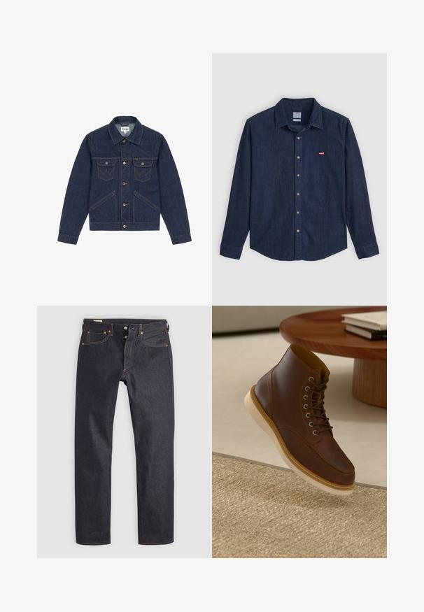 Mørkeblå denimjakke med spidse revers, knaplukning foran, to brystlommer og kontrasterende syninger. Har en let cropped pasform.; Mørk denim skjorte med knapper, spidse kraver, lange ærmer og et lille rødt logo på brystet. Har messingknapper og en klassisk pasform.; Mørkeblå denimjeans med lige ben, prydet med orange syninger og klassisk fem-lomme design. Lukning med knap og lynlås.; Brune læderankelstøvle med beige sål på et struktureret beige tæppe ved siden af et rundt træbord med stakke af bøger.