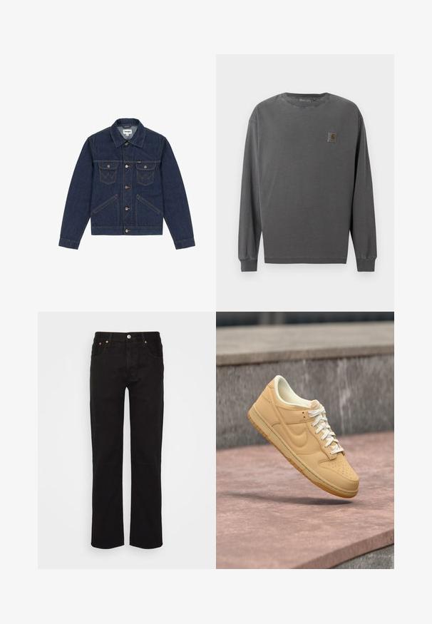 Donkerblauwe spijkerjas met een puntige kraag, knoopsluiting, twee borstzakken en contrasterende stiksels. Heeft een iets cropped pasvorm.; Langarmshirt van donkergrijze katoen. Heeft een ronde hals, elastische manchetten en een klein vierkant logo op de linkerborst.; Zwarte recht gesneden jeans gemaakt van katoen. Heeft vijf zakken, een metalen knoop en oranje stikselaccenten aan de voorkant.; Beige Nike lage sneaker met witte veters en een gumzool die zweeft boven een stenen oppervlak en een betonnen achtergrond.