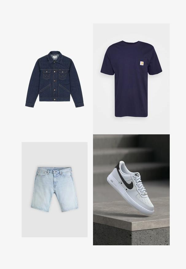 Mørkeblå denimjakke med spidse revers, knaplukning foran, to brystlommer og kontrasterende syninger. Har en let cropped pasform.; Marineblå bomulds T-shirt med korte ærmer, rund hals og lomme på venstre bryst med et gult og hvidt Carhartt logo broderet på.; Lyseblå denimshorts med frontknap, bæltestropper og fem lommer, lagt fladt på en lys grå baggrund.; Hvid Nike Air Force 1 sneaker med sort swoosh-logo, svævende over en betonforkant med slørede trapper i baggrunden.