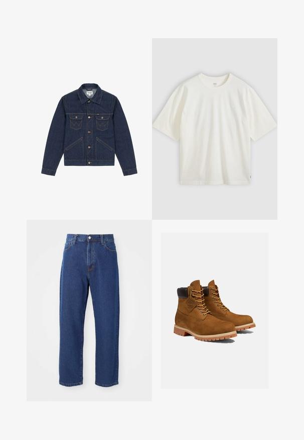 Veste en denim bleu foncé avec un col pointu, fermeture à boutons, deux poches poitrine et des coutures contrastantes. Présente une coupe légèrement courte.; T-shirt blanc à manches courtes en coton. Col rond, coupe décontractée, marquage discret sur la poitrine et une étiquette rouge à l'ourlet.; Jeans en denim taille haute de couleur bleue, avec une coupe droite, des coutures visibles et une fermeture à bouton à l'avant.; Bottines en daim marron avec un col rembourré noir, œillets dorés et semelle en caoutchouc épais avec un motif à crampons pour l'adhérence.