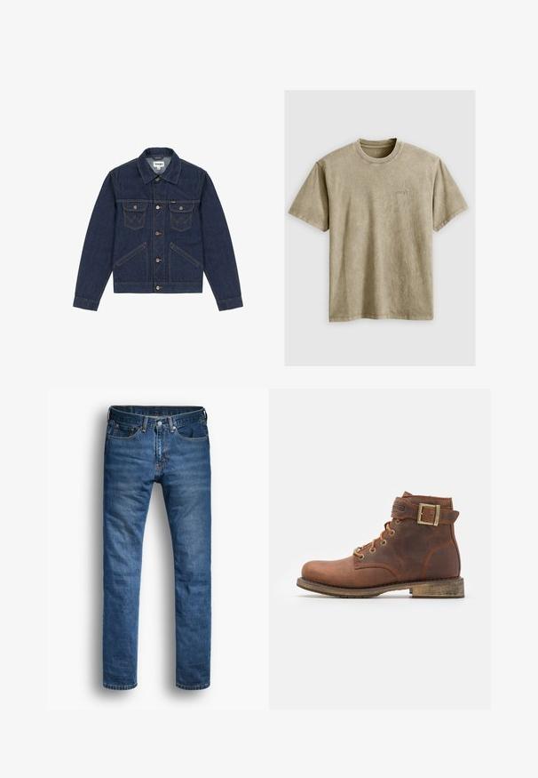 Mørkeblå denimjakke med spidse revers, knaplukning foran, to brystlommer og kontrasterende syninger. Har en let cropped pasform.; Lysbrun, kortærmet t-shirt med rund hals, lavet af blødt stof. Har et lille, broderet logo på brystet.; Blå jeans i denim med lige ben. Egenskaberne inkluderer fem lommer, lukning med knap og kontrasterende orange syninger på sømmene.; Harley Davidson VNTGMOTO SHORT RIDING APPROVED - Cowboy- / bikerstøvlette - brown