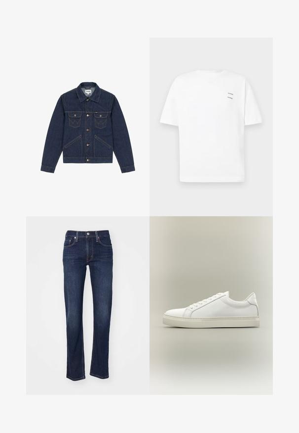 Chaqueta de mezclilla azul oscuro con cuello en punta, cierre de botones, dos bolsillos en el pecho y costuras en contraste. Presenta un ajuste ligeramente corto.; Camiseta de algodón blanca con un corte relajado, mangas cortas y escote en V. Presenta dos pequeños logotipos negros impresos en el lado izquierdo.; Jeans de mezclilla azul oscuro con corte recto, que presentan un diseño tradicional de cinco bolsillos y detalles de costura en las costuras.; Zapatilla blanca de perfil bajo con cordones en la parte delantera y suela gruesa, mostrada de lado sobre un fondo neutro.