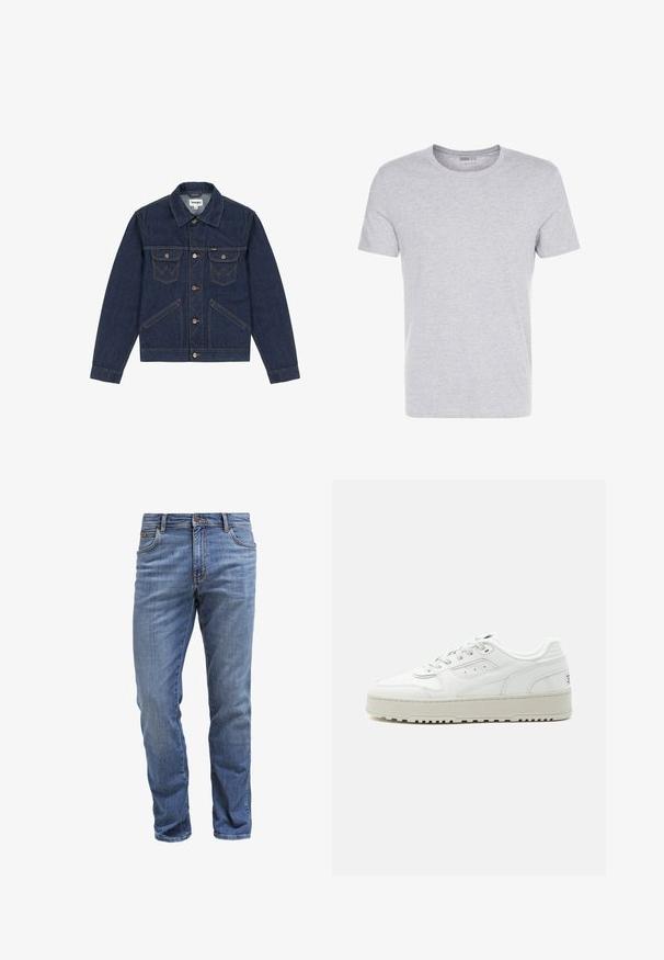 Mørkeblå denimjakke med spidse revers, knaplukning foran, to brystlommer og kontrasterende syninger. Har en let cropped pasform.; Grå bomulds T-shirt med rund hals, korte ærmer og et enkelt design, som har en blød, glat tekstur uden synlige mønstre eller udsmykninger.; Blå denim straight-leg jeans med forlommer, bæltestropper og knaplukning, der viser let falmen og folder.; Hvid lavtop sneakers med tyk sål, snørre foran, perforerede detaljer og polstret krave på en ensartet lys grå baggrund.