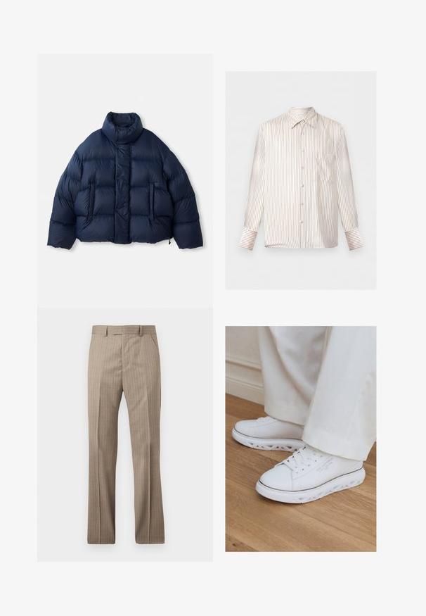 Doudoune bleu marine avec col montant, boutons-pression à l'avant, matelassage horizontal et deux poches avant, présentée sur fond blanc.; Chemise blanche à manches longues avec fines rayures verticales noires, col pointu, poche poitrine et poignets boutonnés.; Pantalon beige pour homme, tailleur, avec de fines rayures verticales, passants pour ceinture et fermeture à glissière à l'avant.; Baskets basses blanches avec semelles découpées uniques portées avec un pantalon clair sur un sol en bois.