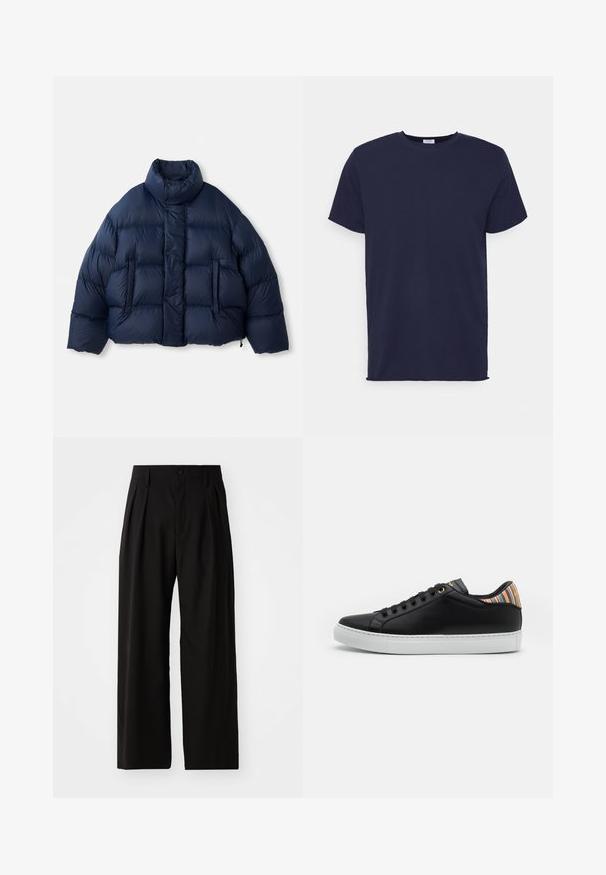 Doudoune bleu marine avec col montant, boutons-pression à l'avant, matelassage horizontal et deux poches avant, présentée sur fond blanc.; T-shirt bleu marine à manches courtes fabriqué en tissu doux. Présente un col rond et une coupe droite sans motifs ni accents.; Pantalons larges noirs avec une texture lisse, dotés de deux plis avant, d'une fermeture à bouton et de poches latérales. Tissu durable.; Basket en cuir noir avec une semelle en caoutchouc blanc, présentant un accent rayé multicolore au niveau du talon et un devant à lacets noir avec œillets dorés.