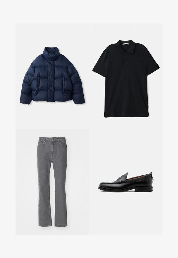 Doudoune bleu marine avec col montant, boutons-pression à l'avant, matelassage horizontal et deux poches avant, présentée sur fond blanc.; Polo shirt noir en coton, avec un col classique, une patte de boutonnage à trois boutons, des manches courtes et un discret logo sur le devant.; Jean en denim gris à jambes droites avec poches avant, passants de ceinture et une fermeture à bouton à la taille, affiché sur un fond blanc.; Mocassin homme en cuir noir avec couture moc toe, bride penny, col texturé et petit talon empilé sur fond blanc.