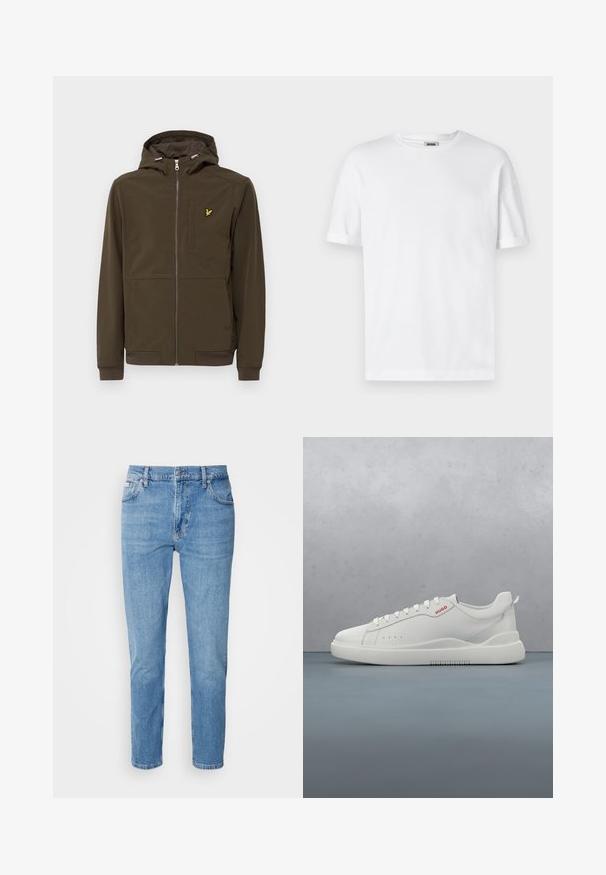 Chaqueta con capucha de color marrón oscuro, fabricada con un tejido suave, que presenta un cierre frontal con cremallera, bolsillos laterales y un pequeño logotipo amarillo en el pecho.; Camiseta de algodón blanca con cuello redondo, mangas cortas y puños enrollados; diseño sin adornos, textura suave y corte recto.; Vaqueros de mezclilla azul claro con corte recto, diseño de cinco bolsillos y un sutil desgastado. Presentan un cierre de botón y pasadores para cinturón.; Zapatilla blanca con un acabado de cuero liso, punta redonda, cuatro ojales, perforaciones sutiles y un detalle de logo rojo en el lateral.