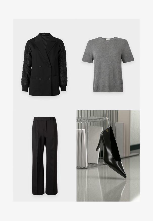 Blazer negro de doble botonadura con mangas de satén fruncidas y puños abotonados, con solapas en pico y bolsillos frontales de ojal.; Camiseta gris de manga corta hecha de tela suave. Cuello redondo, corte relajado, con un logo sutil en el dobladillo. Textura uniforme en toda la prenda.; Pantalones negros de talle alto, hechos de una tela suave, con un diseño de pierna recta, bolsillos laterales y un frente plano con pliegues.; Zapato de tacón alto negro con punta afilada y logo dorado, colocado sobre una superficie reflectante cerca de un organizador de archivos de alambre cromado con documentos.
