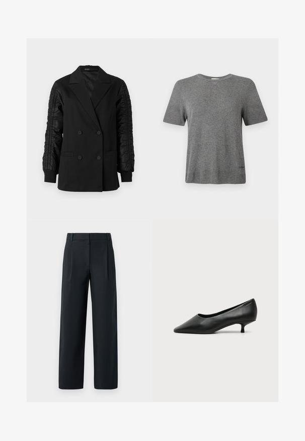 Blazer negro de doble botonadura con mangas de satén fruncidas y puños abotonados, con solapas en pico y bolsillos frontales de ojal.; Camiseta gris de manga corta hecha de tela suave. Cuello redondo, corte relajado, con un logo sutil en el dobladillo. Textura uniforme en toda la prenda.; Pantalones negros ajustados con un diseño de pierna recta, que cuentan con pliegues delanteros, una textura suave y pasadores para cinturón. Sin bolsillos visibles.; Zapato de mujer negro de cuero con tacón bajo, puntera puntiaguda y pequeño tacón kitten sobre fondo claro liso.
