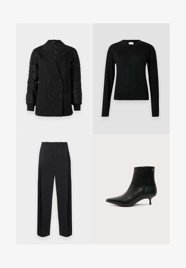 Blazer negro de doble botonadura con mangas de satén fruncidas y puños abotonados, con solapas en pico y bolsillos frontales de ojal.; Suéter negro de punto con cuello redondo, mangas largas y un diseño ajustado, con una textura suave y un detalle minimalista.; Pantalones negros de cintura alta, con plisados en la parte delantera y piernas rectas. Fabricados con tela suave, cuentan con trabillas para cinturón y bolsillos laterales.; Botín de piel negra con puntera puntiaguda y tacón bajo estilo kitten sobre fondo claro, mostrando vista lateral exterior.