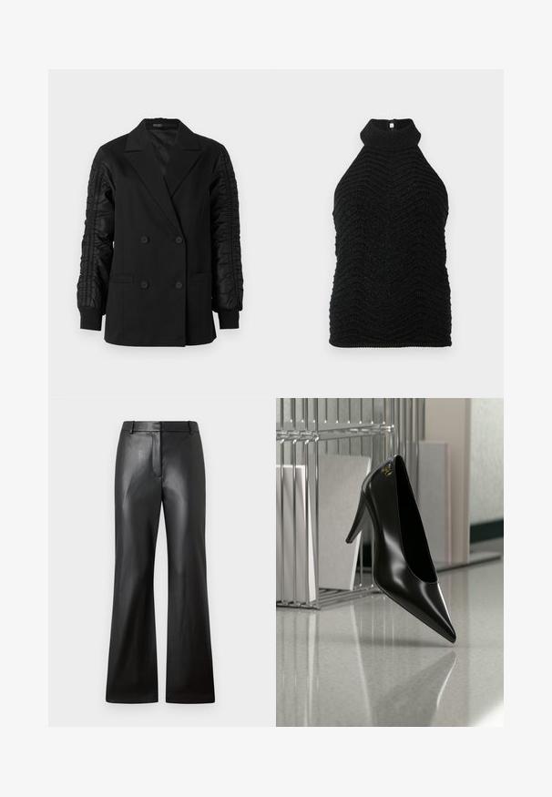 Blazer negro de doble botonadura con mangas de satén fruncidas y puños abotonados, con solapas en pico y bolsillos frontales de ojal.; Top sin mangas de punto negro con cuello de tortuga, con patrón de chevrón texturizado y un sutil brillo, colocado sobre un fondo blanco.; Pantalones de cuero negro con una textura suave, diseño de pierna ancha y una cinturilla de altura media que presenta trabillas para cinturón y bolsillos frontales.; Zapato de tacón alto negro con punta afilada y logo dorado, colocado sobre una superficie reflectante cerca de un organizador de archivos de alambre cromado con documentos.