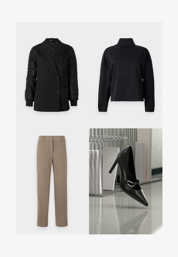 Blazer negro de doble botonadura con mangas de satén fruncidas y puños abotonados, con solapas en pico y bolsillos frontales de ojal.; Top negro de manga larga con cuello alto simulado, corte relajado, textura suave y costuras de hombro caídas. Sin patrones o adornos visibles.; Pantalones caqui de pierna recta con trabillas para cinturón y cierre frontal de cremallera sobre fondo blanco.; Zapato de tacón alto negro con puntera y correa con hebilla plateada, colocado sobre una superficie reflectante cerca de un organizador de archivos metálico que sostiene papeles.