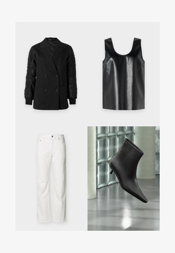 Blazer negro de doble botonadura con mangas de satén fruncidas y puños abotonados, con solapas en pico y bolsillos frontales de ojal.; Top negro sin mangas hecho de un material brillante y texturizado, con un escote redondo y bolsillos laterales, presentando un diseño minimalista.; Jeans blancos de pierna recta con bolsillos frontales, trabillas para cinturón, cierre de botón y costuras visibles sobre un fondo liso.; Bota de cuero negro para el tobillo con puntera puntiaguda y tacón pequeño, exhibida frente a una pared de bloques de vidrio y un suelo pulido.