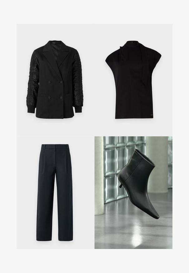 Blazer negro de doble botonadura con mangas de satén fruncidas y puños abotonados, con solapas en pico y bolsillos frontales de ojal.; Top negro de cuello alto con mangas tipo farol, que presenta un diseño asimétrico y una larga corbata al cuello. Hecho de un tejido suave con un aspecto minimalista.; Pantalones negros ajustados con un diseño de pierna recta, que cuentan con pliegues delanteros, una textura suave y pasadores para cinturón. Sin bolsillos visibles.; Botín negro de cuero con punta puntiaguda y tacón bajo estilo kitten, mostrado en ángulo sobre un suelo pulido y con una pared de bloques de vidrio de fondo.